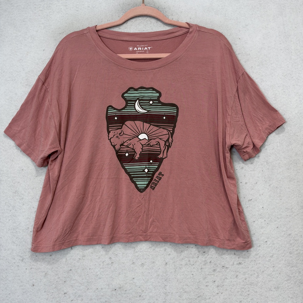 Ariat T-Shirt Womens XL Pink Buffalo Rising Cropped Arrowhead Western Graphic